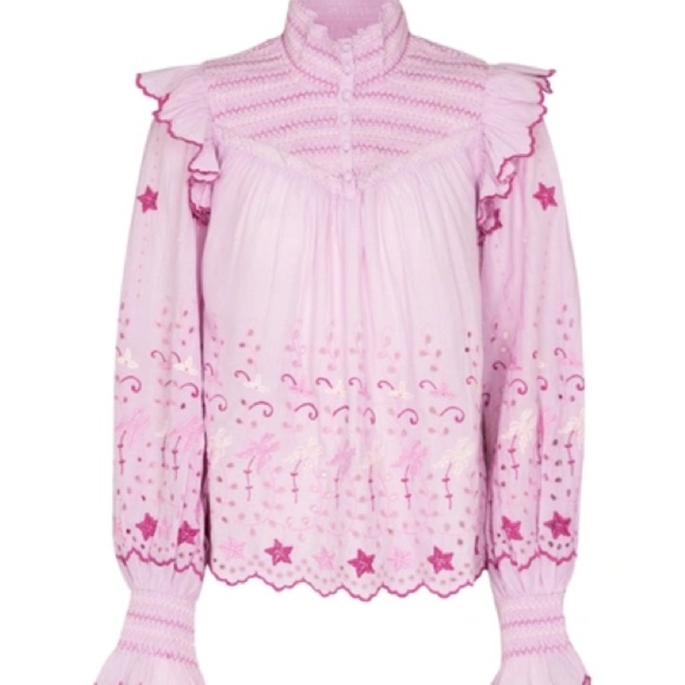 LoveShackFancy Kassie Eyelet High-Neck Embroidered Ruffle Blouse 100% Cotton